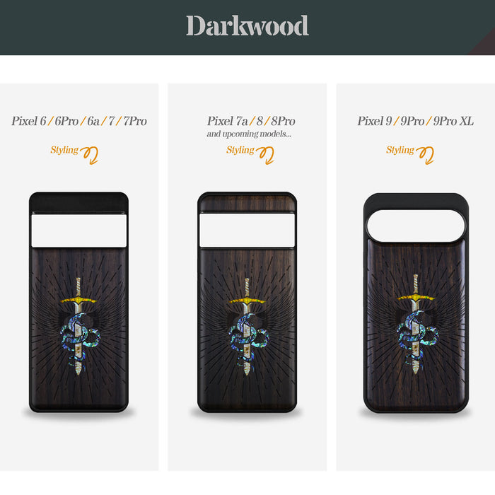 Serpent Winged Sword, Hand-Inlaid Wood & Mother of Pearl Case - Artisanal Cover for Google Pixel