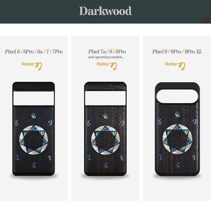 The Sacred Seals, Hand-Inlaid Wood & Mother of Pearl Case - Artisanal Cover for Google Pixel