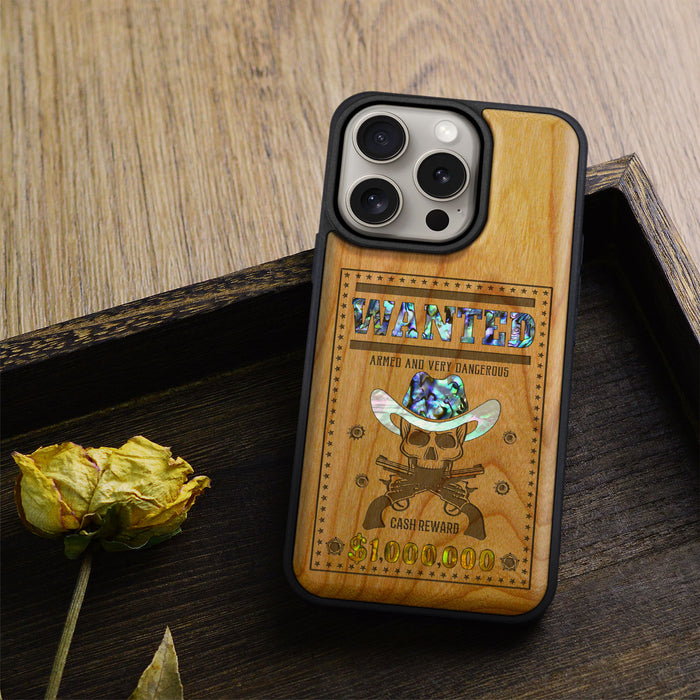 Outlaw Skull Wanted, Hand-Inlaid Wood & Mother of Pearl Case - Artisanal Cover for Apple iPhone