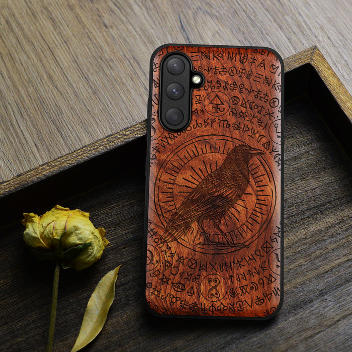 The Haloed Crow, Classic Engraved Wood & TPU Case - Artisanal Cover for Samsung Galaxy