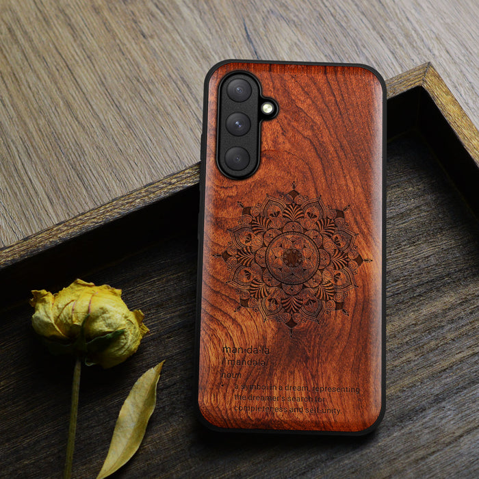 Mandala Flower Design, Classic Engraved Wood & TPU Case - Artisanal Cover for Samsung Galaxy