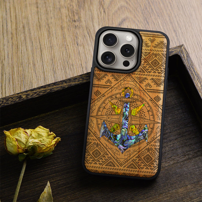 Voyage Intrigue, Hand-Inlaid Wood & Mother of Pearl Case - Artisanal Cover for Apple iPhone