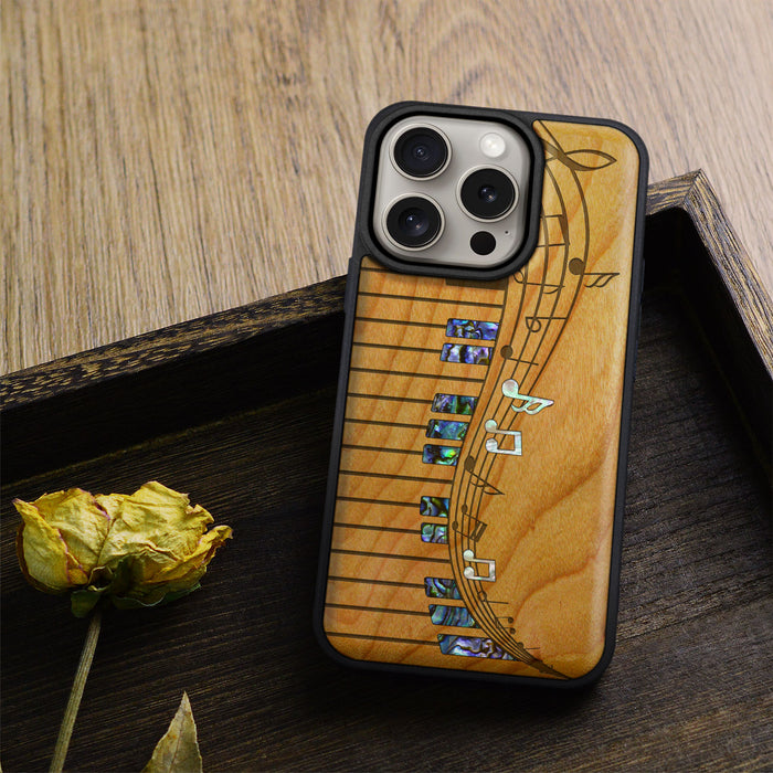 Melodic Waves, Hand-Inlaid Wood & Mother of Pearl Case - Artisanal Cover for Apple iPhone