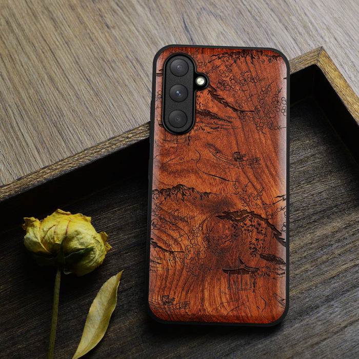 A Captivating Chinese Landscape, Classic Engraved Wood & TPU Case - Artisanal Cover for Samsung Galaxy