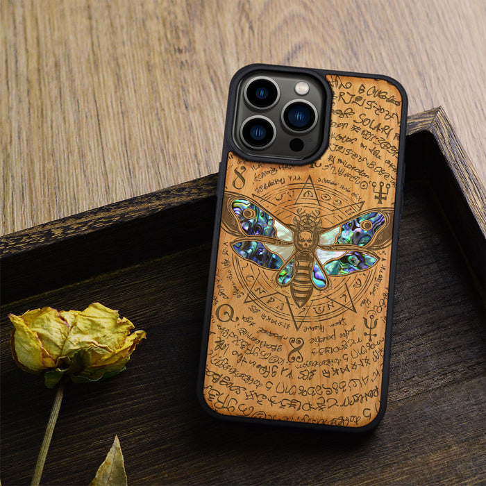 The Death Moth and Octagonal Star, Hand-Inlaid Wood & Mother of Pearl Case - Artisanal Cover for Apple iPhone
