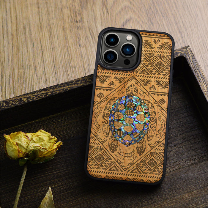 The Beautiful Turtle, Hand-Inlaid Wood & Mother of Pearl Case - Artisanal Cover for Apple iPhone