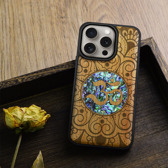 Eternal Om Mandala, Hand-Inlaid Wood & Mother of Pearl Case - Artisanal Cover for Apple iPhone