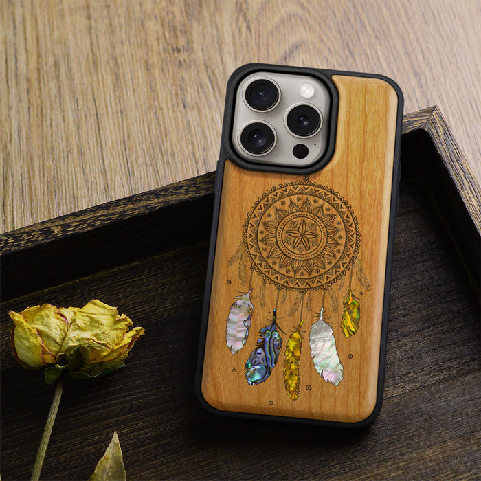 Dreamcatcher's Embrace, Hand-Inlaid Wood & Mother of Pearl Case - Artisanal Cover for Apple iPhone