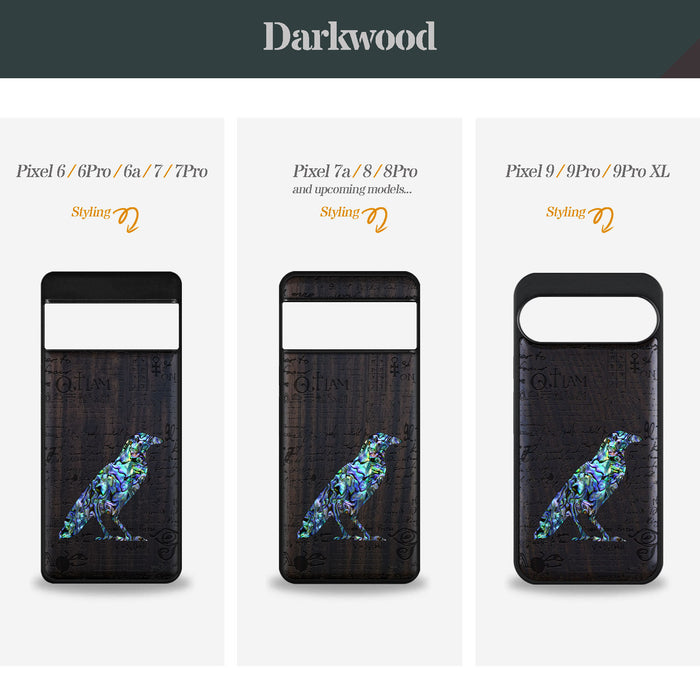 Raven Script, Hand-Inlaid Wood & Mother of Pearl Case - Artisanal Cover for Google Pixel