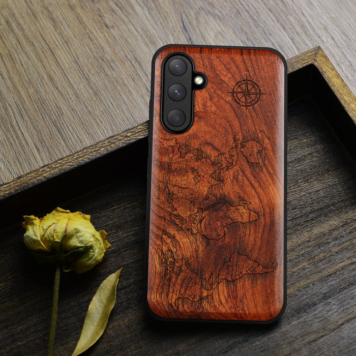 Global Connection, Classic Engraved Wood & TPU Case - Artisanal Cover for Samsung Galaxy