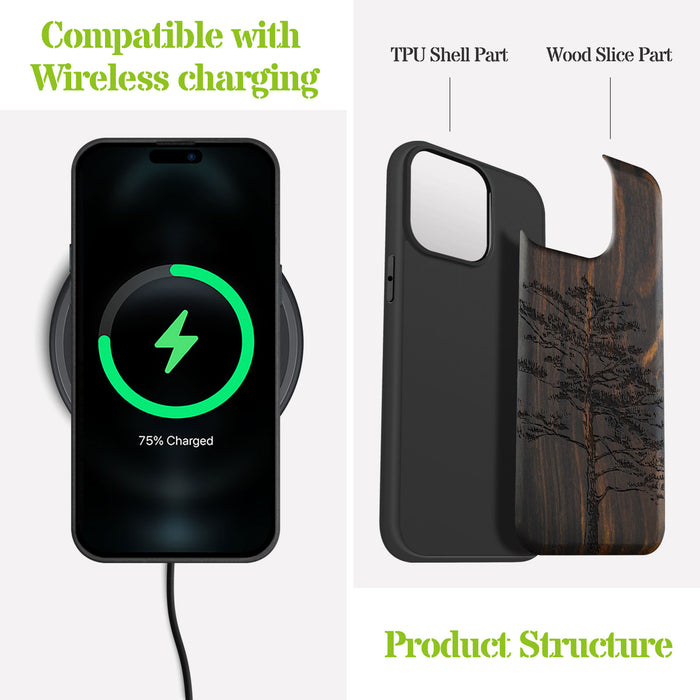 Vintage Pine Tree Sketch, Classic Engraved Wood & TPU Case - Artisanal Cover for Apple iPhone