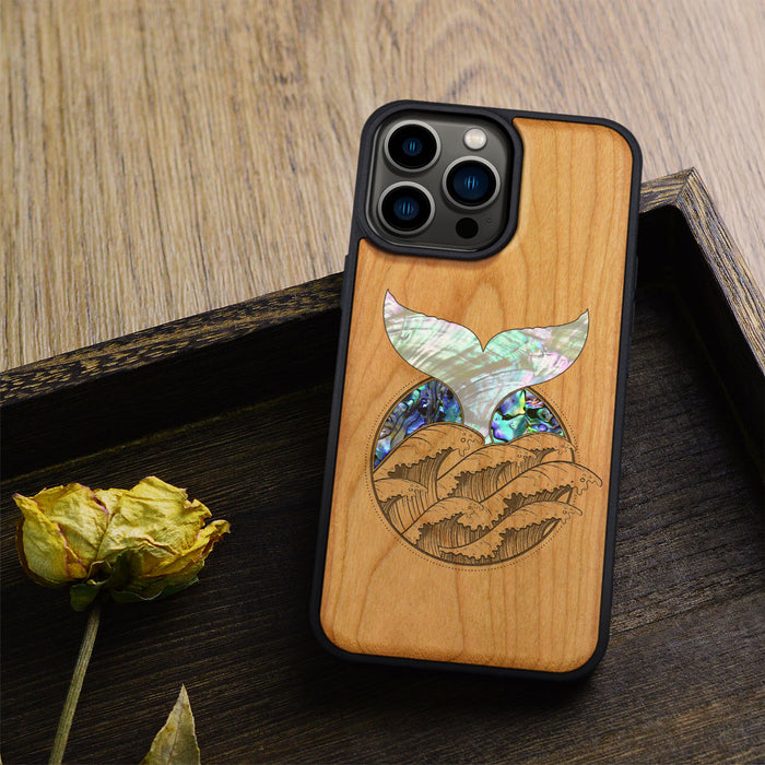 The Whale's Tail, Hand-Inlaid Wood & Mother of Pearl Case - Artisanal Cover for Apple iPhone