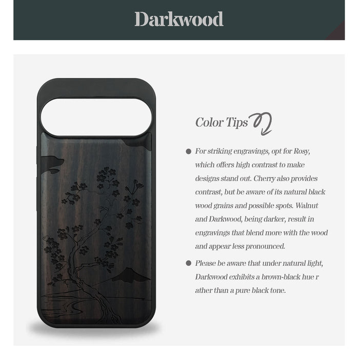 Mount Fuji and the Ocean Through Cherry Blossom, Classic Engraved Wood & TPU Case - Artisanal Cover for Google Pixel