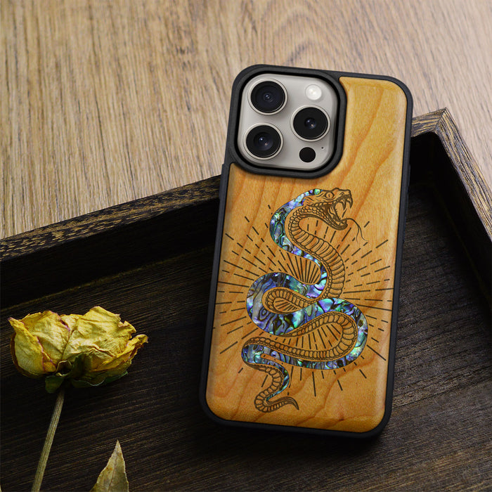 Viper's Coil, Hand-Inlaid Wood & Mother of Pearl Case - Artisanal Cover for Apple iPhone