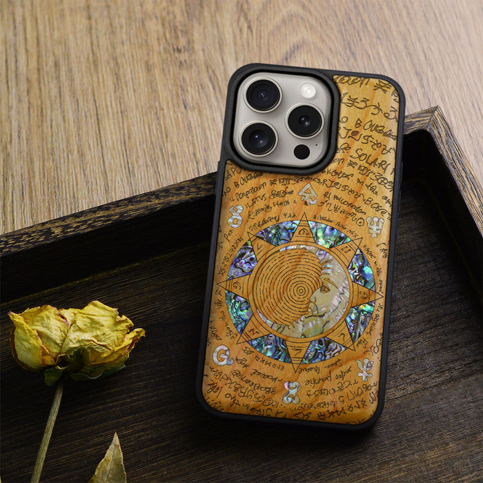 A Manuscript Enigma, Hand-Inlaid Wood & Mother of Pearl Case - Artisanal Cover for Apple iPhone