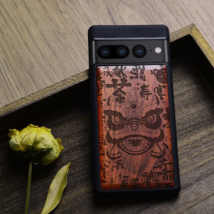 Chinese Lion Dance Head Auspicious, Classic Engraved Wood & TPU Case - Artisanal Cover for Google Pixel