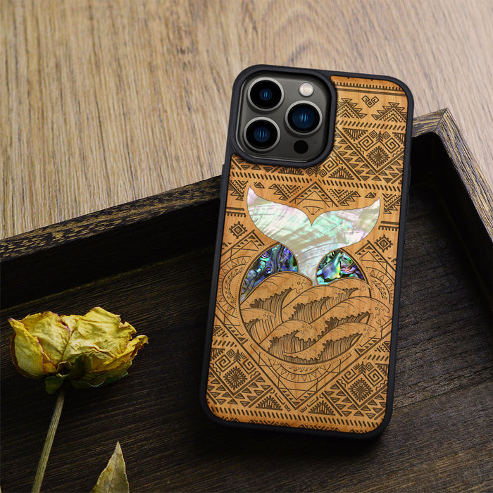 The Whale's Song Amidst Aztec Waves, Hand-Inlaid Wood & Mother of Pearl Case - Artisanal Cover for Apple iPhone