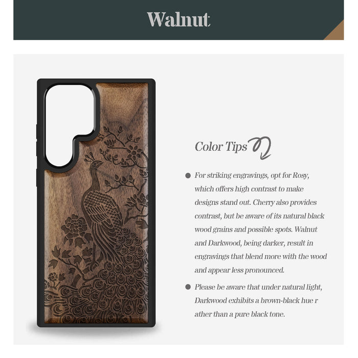 The Majestic Asian Peacock, Classic Engraved Wood & TPU Case - Artisanal Cover for Samsung Galaxy