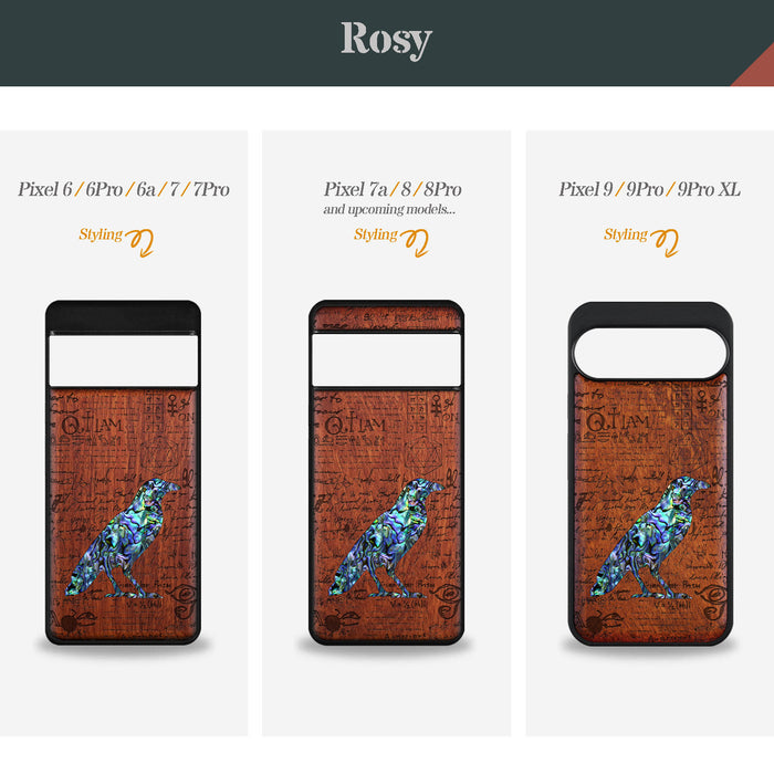 Raven Script, Hand-Inlaid Wood & Mother of Pearl Case - Artisanal Cover for Google Pixel