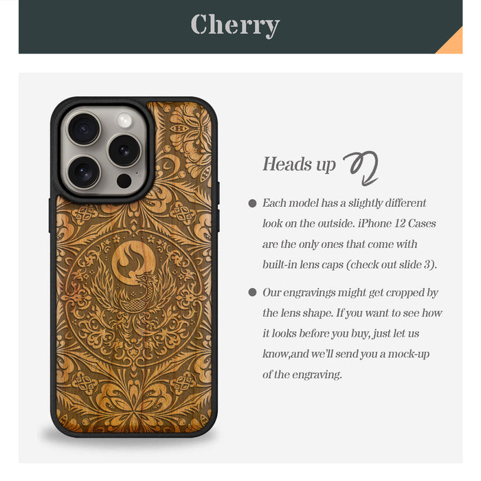 The Phoenix Mandala, Classic Engraved Wood & TPU Case - Artisanal Cover for Apple iPhone