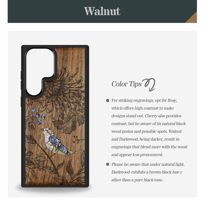 The Chrysanthemum and the Songbird, Hand-Inlaid Wood & Mother of Pearl Case - Artisanal Cover for Samsung Galaxy