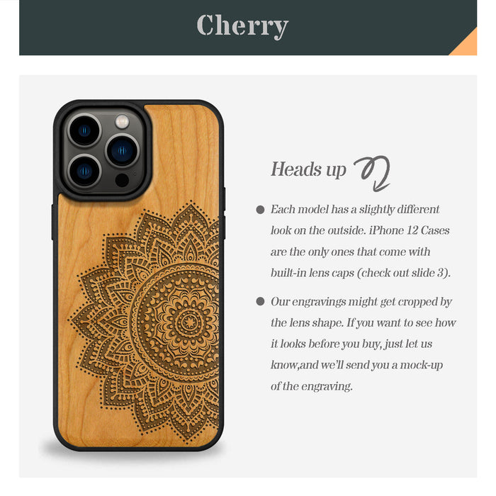 The Half Mandala Lace Art, Classic Engraved Wood & TPU Case - Artisanal Cover for Apple iPhone