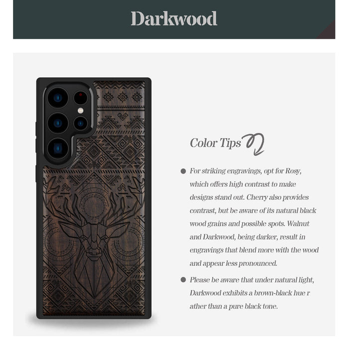 Geometric Deer Amidst Intricate Patterns, Classic Engraved Wood & TPU Case - Artisanal Cover for Samsung Galaxy