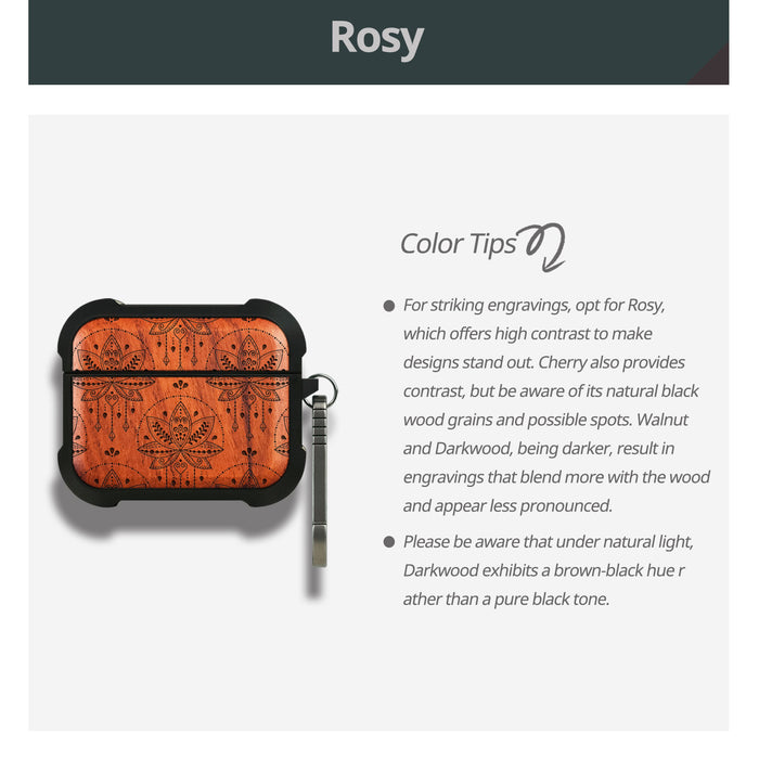 Bohemian Indian Lotus - Wood Artisan Engraved & Shell Hand-Inlaid Cover - Artisanal Case for Apple AirPods (Titanium Quick Released Clasp)