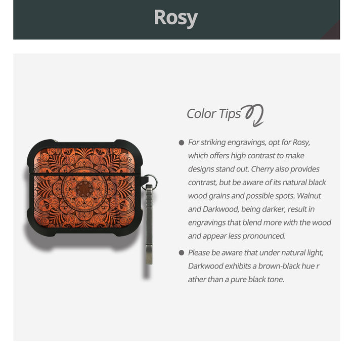Mandala Flower Design - Wood Artisan Engraved & Shell Hand-Inlaid Cover - Artisanal Case for Apple AirPods (Titanium Quick Released Clasp)