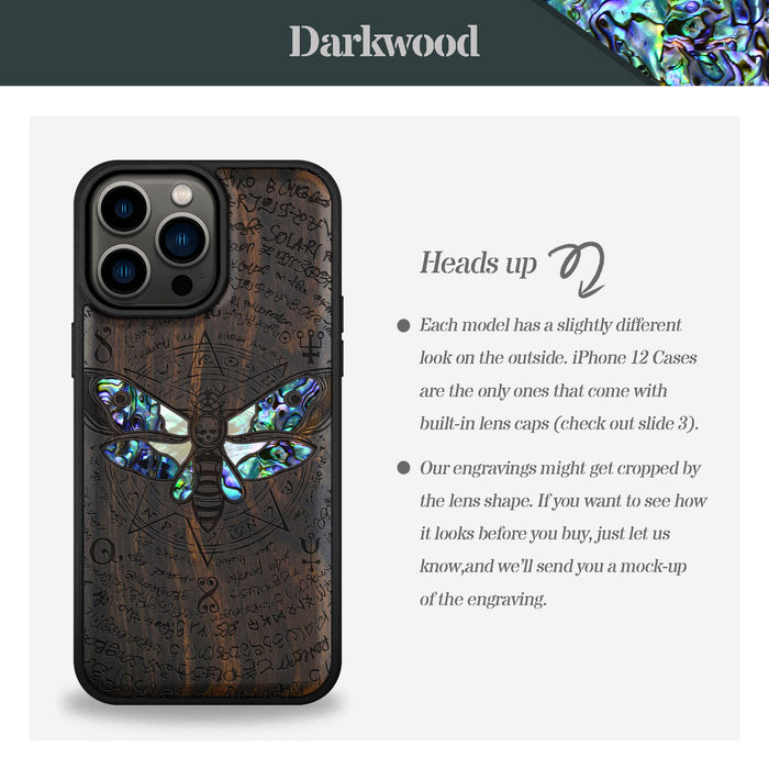 The Death Moth and Octagonal Star, Hand-Inlaid Wood & Mother of Pearl Case - Artisanal Cover for Apple iPhone