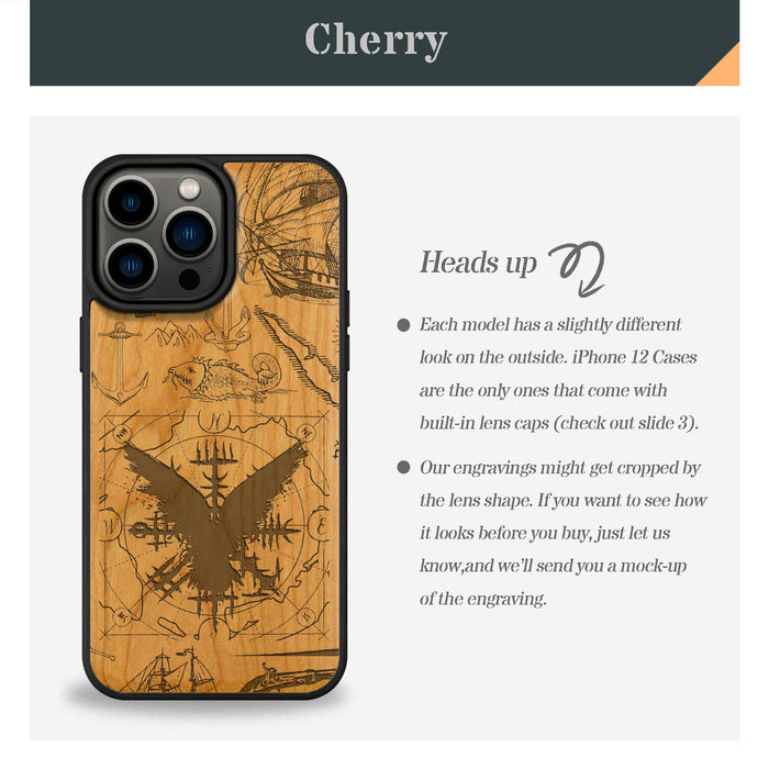 Splash Ink Vegvisir amidst Maritime Relics, Classic Engraved Wood & TPU Case - Artisanal Cover for Apple iPhone