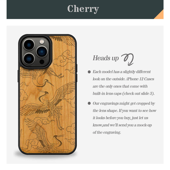 Auspicious Cranes and Clouds, Classic Engraved Wood & TPU Case - Artisanal Cover for Apple iPhone