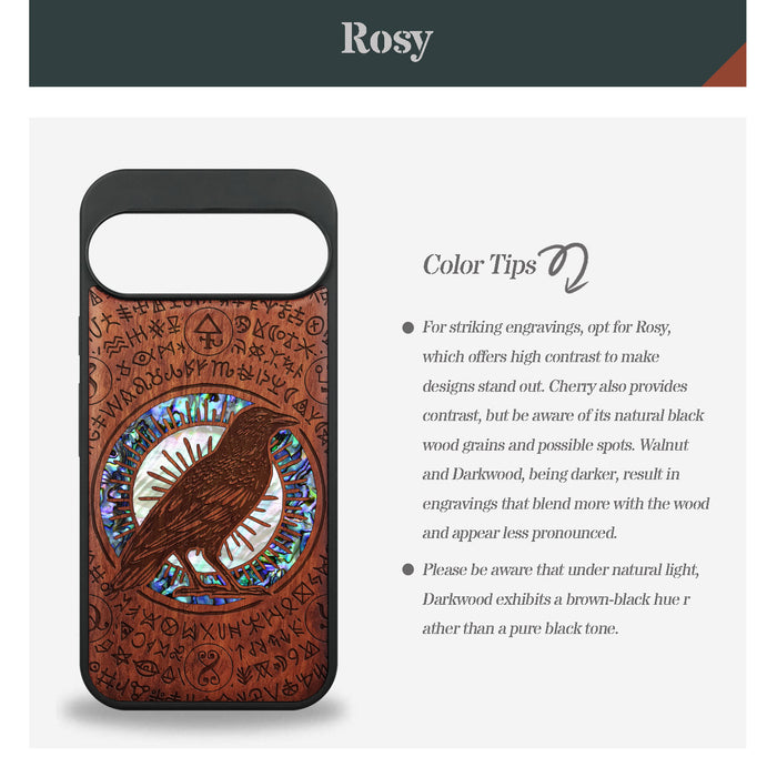 The Haloed Crow, Hand-Inlaid Wood & Mother of Pearl Case - Artisanal Cover for Google Pixel