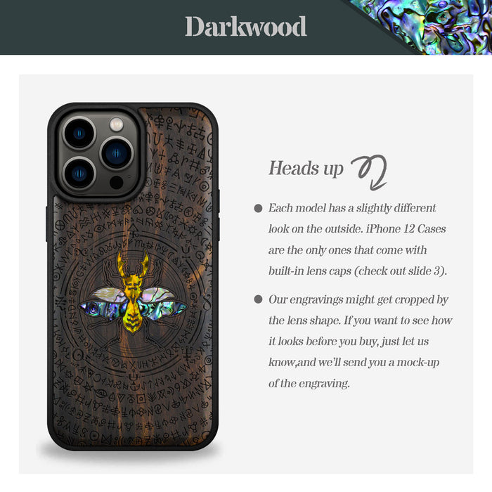 Mystical Armor, Hand-Inlaid Wood & Mother of Pearl Case - Artisanal Cover for Apple iPhone