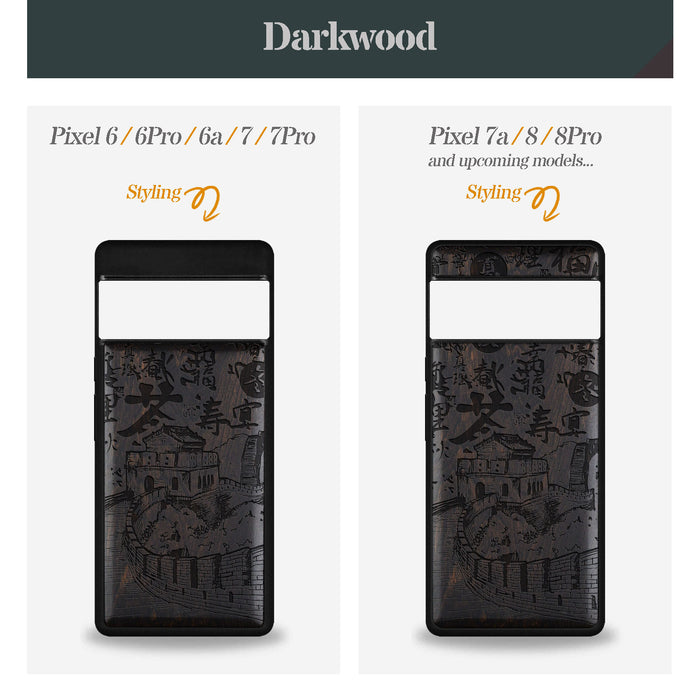 Hand Drawn Great Wall of China, Classic Engraved Wood & TPU Case - Artisanal Cover for Google Pixel