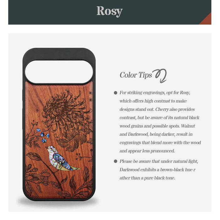 The Chrysanthemum and the Songbird, Hand-Inlaid Wood & Mother of Pearl Case - Artisanal Cover for Google Pixel