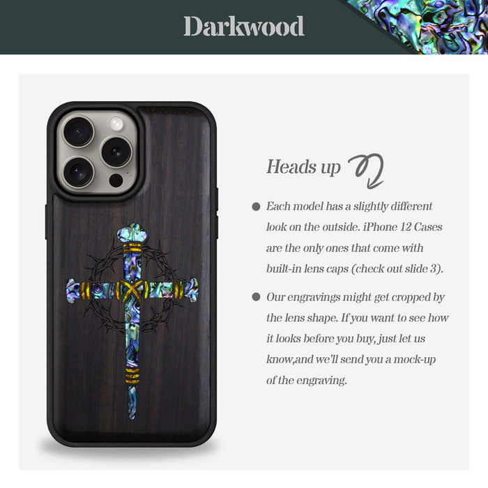 Crucifix Nails, Hand-Inlaid Wood & Mother of Pearl Case - Artisanal Cover for Apple iPhone