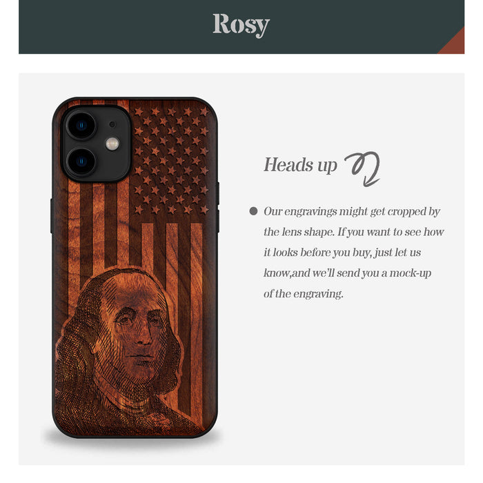 Benjamin Franklin's Portrait Amidst the Stars and Stripes, Classic Engraved Wood & TPU Case - Artisanal Cover for Apple iPhone