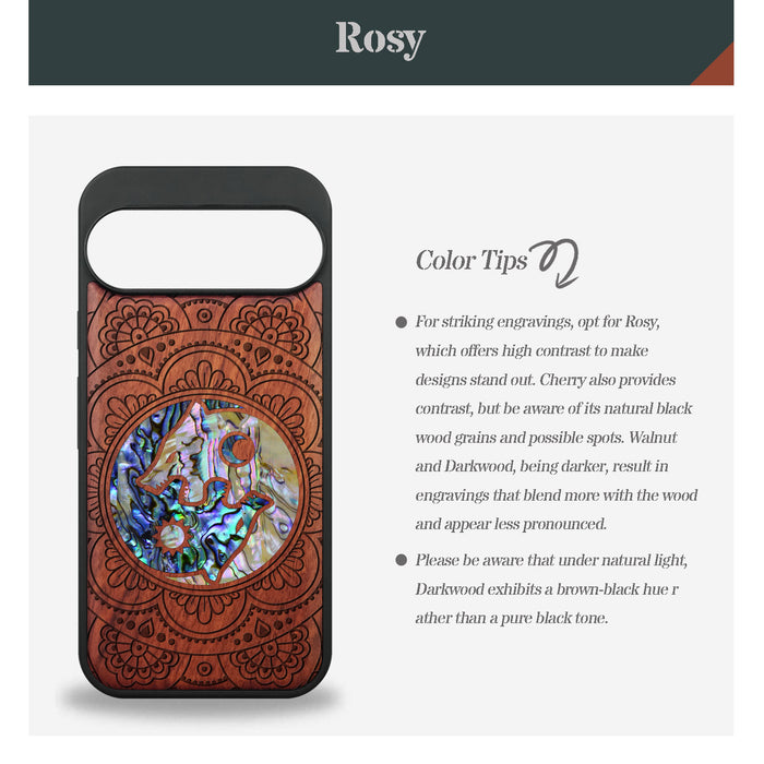 Yin-Yang Wolves Amidst Paisley, Hand-Inlaid Wood & Mother of Pearl Case - Artisanal Cover for Google Pixel