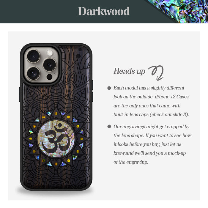 Harmony's Whisper Mandala, Hand-Inlaid Wood & Mother of Pearl Case - Artisanal Cover for Apple iPhone