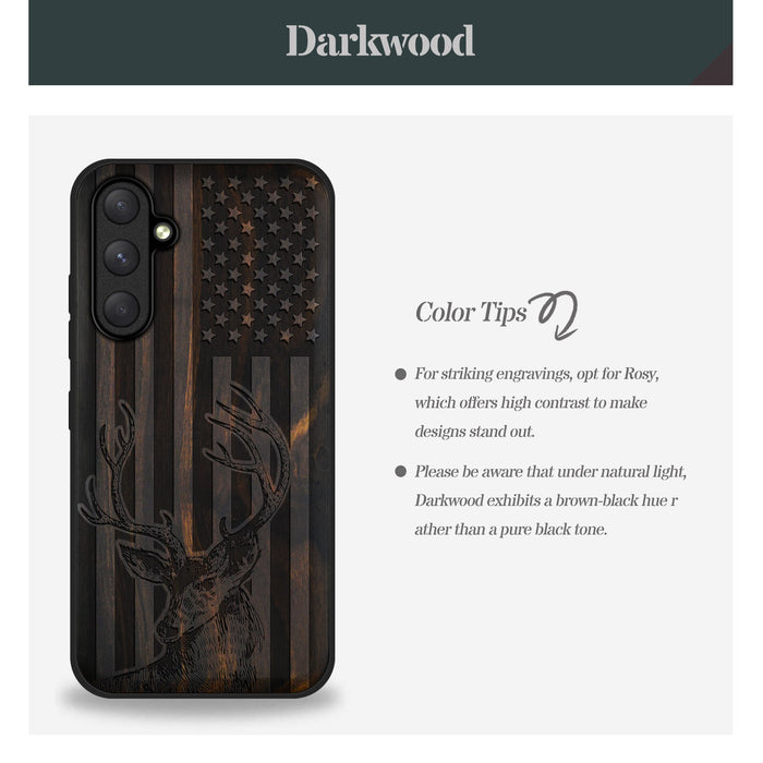 Deer Against the Backdrop of Stars and Stripes, Classic Engraved Wood & TPU Case - Artisanal Cover for Samsung Galaxy