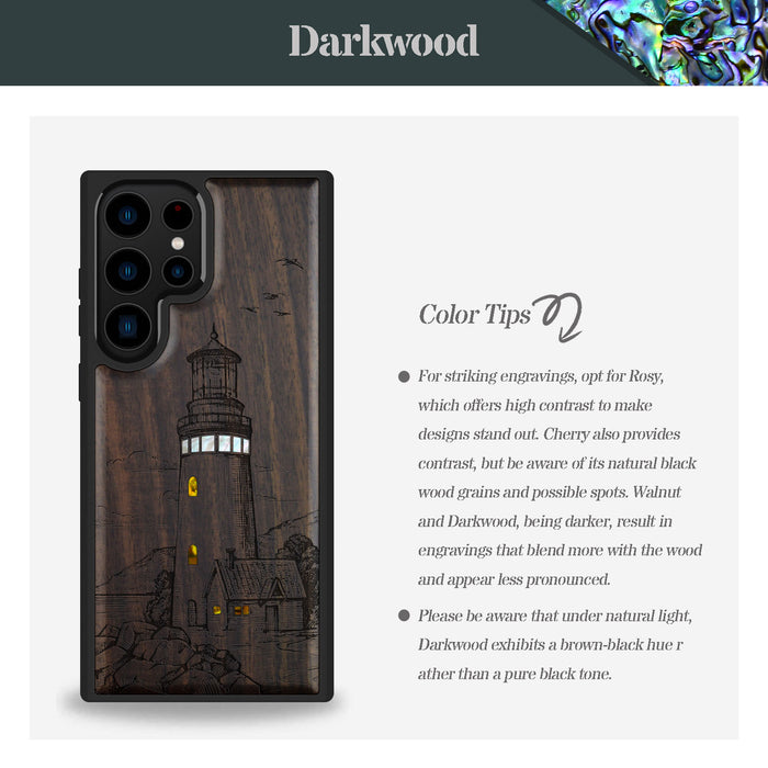 The Lighthouse, Hand-Inlaid Wood & Mother of Pearl Case - Artisanal Cover for Samsung Galaxy