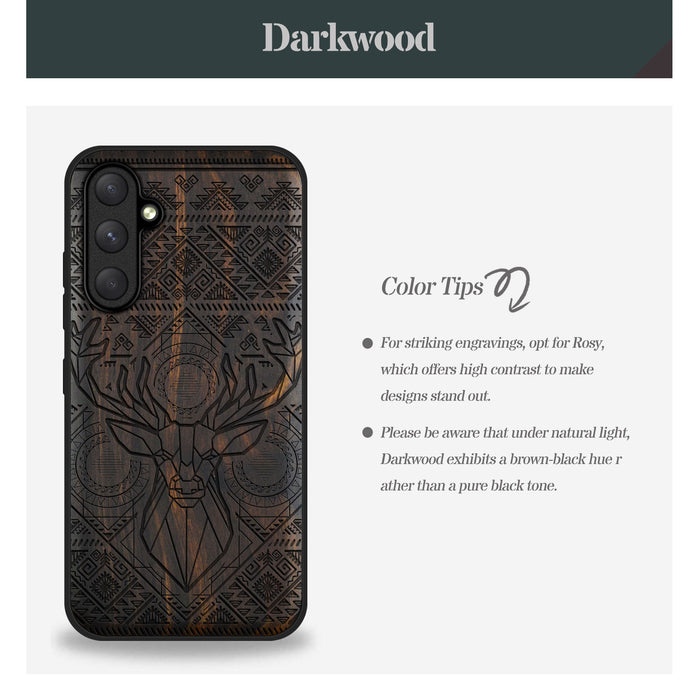 Geometric Deer Amidst Intricate Patterns, Classic Engraved Wood & TPU Case - Artisanal Cover for Samsung Galaxy