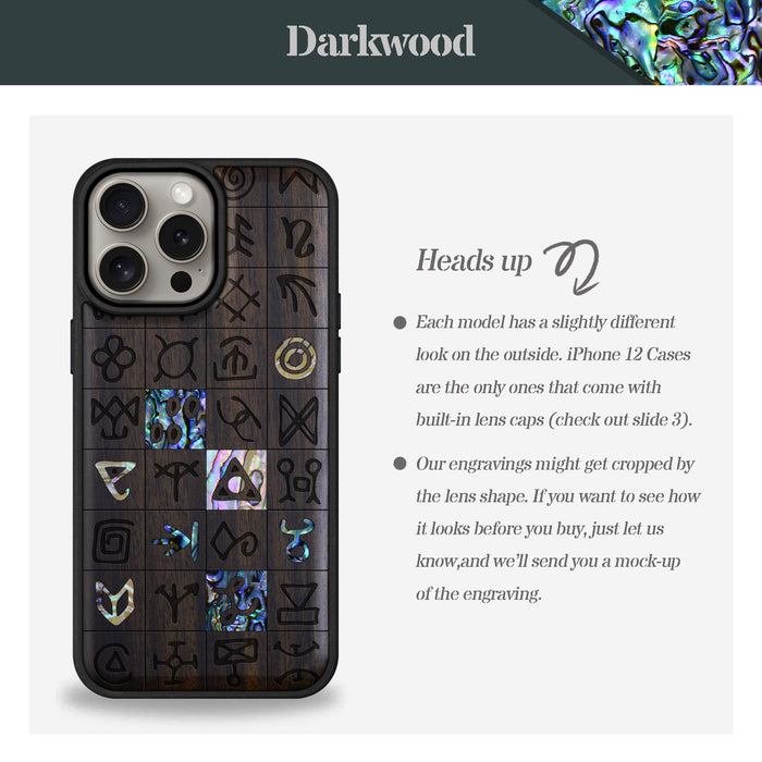 Mystical Runes, Hand-Inlaid Wood & Mother of Pearl Case - Artisanal Cover for Apple iPhone