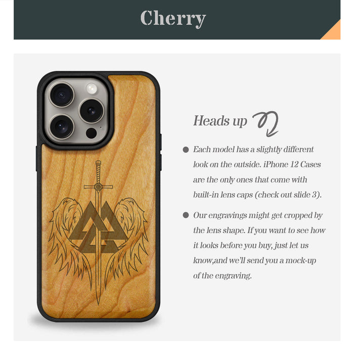 Valknut and Sword, Classic Engraved Wood & TPU Case - Artisanal Cover for Apple iPhone