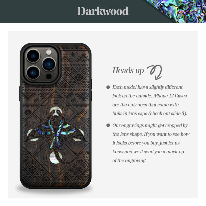 The Tribal Manta Ray, Hand-Inlaid Wood & Mother of Pearl Case - Artisanal Cover for Apple iPhone