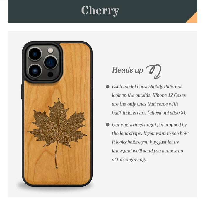 Intricate Maple Leaf Sketch, Classic Engraved Wood & TPU Case - Artisanal Cover for Apple iPhone