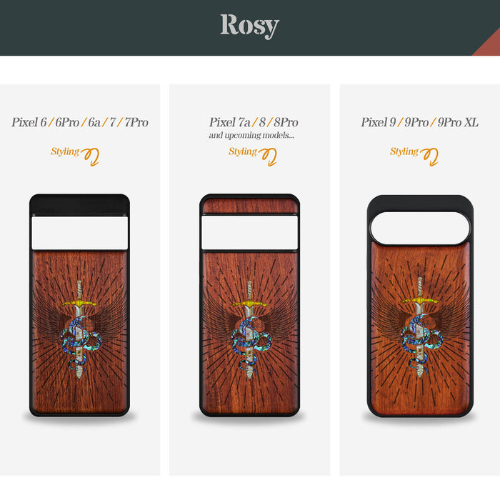 Serpent Winged Sword, Hand-Inlaid Wood & Mother of Pearl Case - Artisanal Cover for Google Pixel