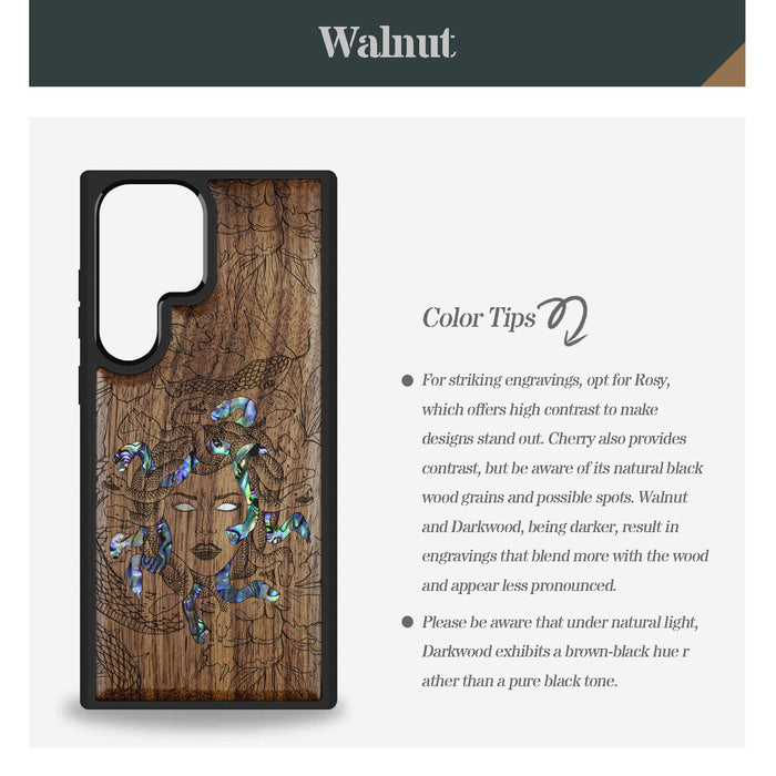 The Medusa Enigma, Hand-Inlaid Wood & Mother of Pearl Case - Artisanal Cover for Samsung Galaxy