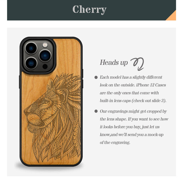 The Ornate Lion's Head, Classic Engraved Wood & TPU Case - Artisanal Cover for Apple iPhone